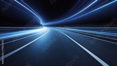 High-speed Motion on Night Road. Blue Light and Stripes Racing Swiftly over Dark Background.