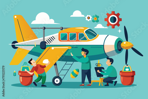 People gathering around a small plane, possibly preparing for a flight or discussing aviation, Mechanics repairing airplane before flight, Simple and minimalist flat Vector Illustration