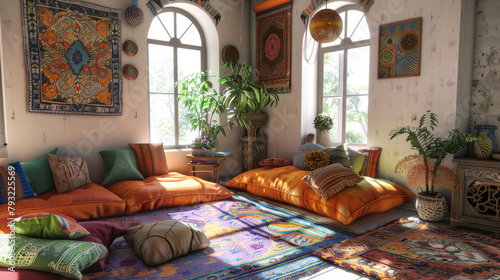 A cozy living room with a bohemian vibe. The walls are bright with a 3D-rendered  3D illustration.
