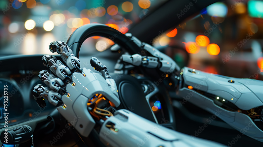 A robot driving a car with robotic arms, science fiction and technology. Wall Art Design for Home Decor, 4K Wallpaper and Background for desktop, laptop, Computer, Tablet, Mobile Cell Phone A robot driving a car with robotic arms, science fiction and technology. Wall Art Design for Home Decor, 4K Wallpaper and Background for desktop, laptop, Computer, Tablet, Mobile Cell Phone