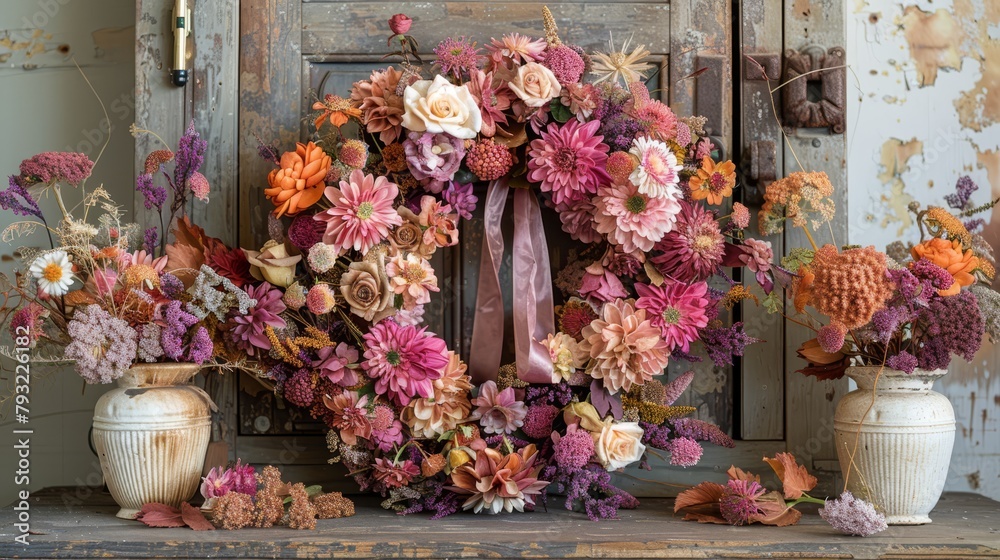   A wreath and two vases, each filled with flowers, adorn a table before an aged door bearing peeling paint