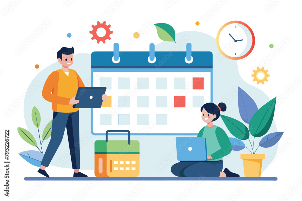 A man and a woman are standing together next to a calendar, possibly discussing important dates or events, meet job deadlines, Simple and minimalist flat Vector Illustration
