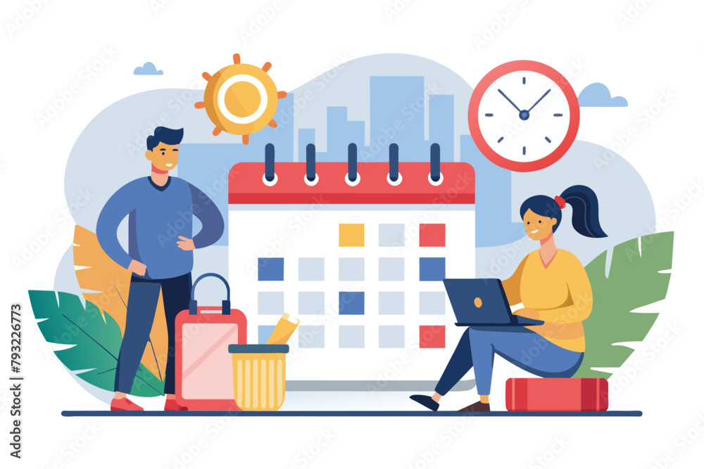 A man and woman are seated on a bench, focused on a calendar and laptop, meet job deadlines, Simple and minimalist flat Vector Illustration
