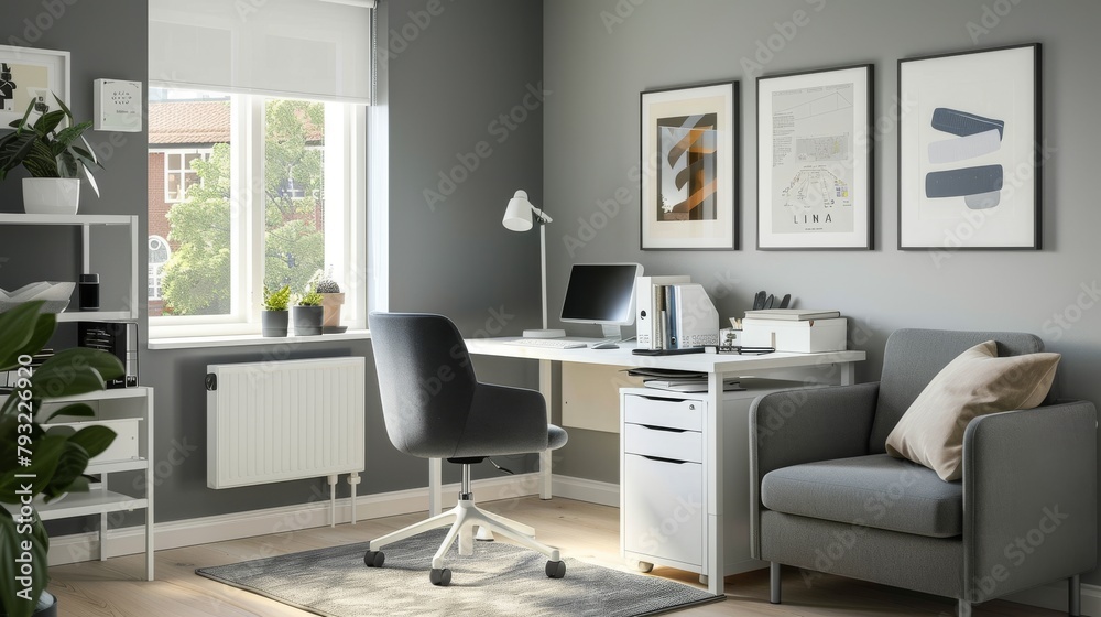 Stylish modern home office with sleek furniture and gray color scheme