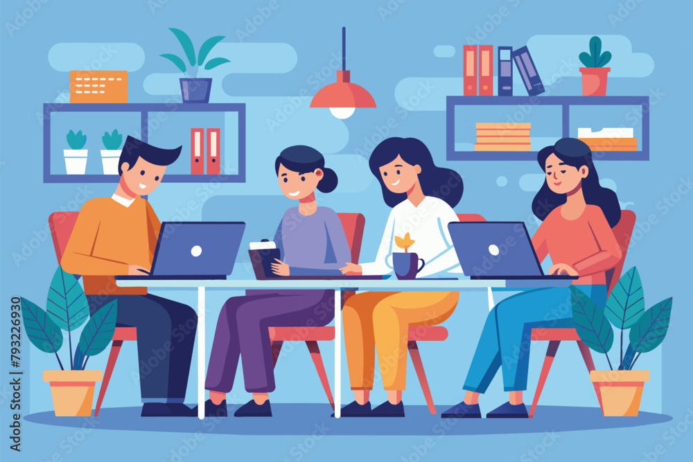Men and women at an office table working on laptops, men and women in the office working on laptops office work, Simple and minimalist flat Vector Illustration