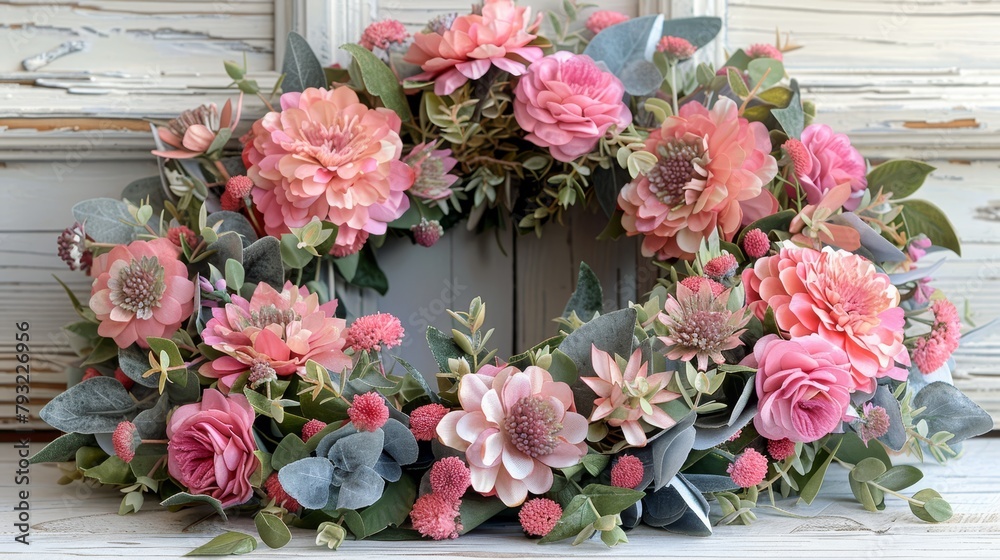   A detailed view of a floral wreath adorning a door, featuring blooms on both its front and sides