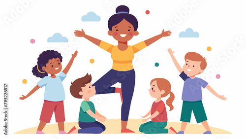 A teacher leads a class of children through playful games that incorporate elements of both acroyoga and judo encouraging teamwork cooperation