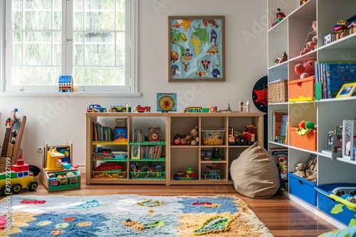 Organized childs play area with a variety of toys and books in a spacious and tidy room