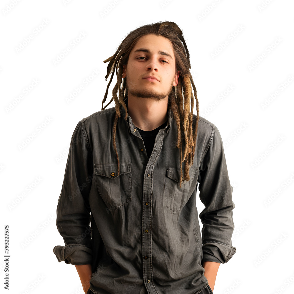 Portrait of a Young Beautiful Man with Half Body Dreadlocks, Isolated on Transparent Background, PNG Portrait of a Young Beautiful Man with Half Body Dreadlocks, Isolated on Transparent Background, PNG