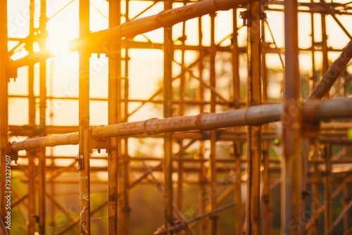 Golden Hour at the Construction Site: Sunlight Pierces Through the Framework of Scaffolding, Highlighting the Progress of Urban Architecture, Generative AI
