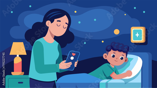 A parent checking their childs sleep quality on their phone through the data collected by their neurological health implant..