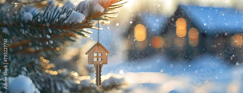 Key with house shaped keychain. Modern private country house with winter snowy forest on the background. Real estate, moving home or renting property concept. Panorama with copy space.