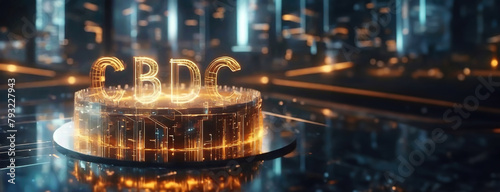 Central Bank Digital Currency CBDC platform. Futuristic modern night lights of cyber city background. Illuminated golden letters floating above a high-tech platform in a digital cityscape. photo