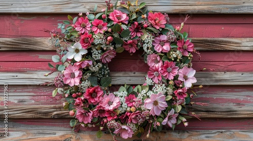  A close-up of a flower wreath against a wooden backdrop The wreath's center is filled with blooms