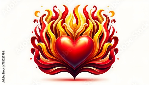 Burning Love  A Striking 3D Illustration of a Lustrous Red Heart Surrounded by Swirling Golden Flames