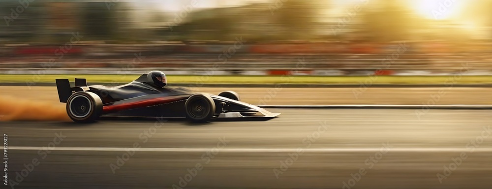 Racing car speeding on a track at sunset. A high-speed Formula one, dynamic motion effects capturing the intensity of a championship race. Panorama with copy space.