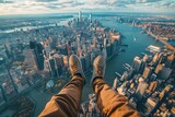 From an aerial view, a man's legs dangle from an airplane with the New York City skyline visible below, showcasing his shoes and brown pants.