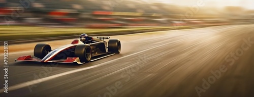A high-speed formula one car racing on a track with motion blur effect. Panorama with copy space. © vidoc