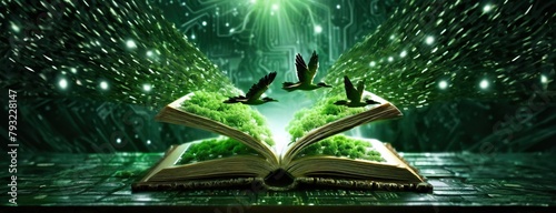 Literary worlds collide with digital realms as birds ascend from the text. Synthesis of nature and technology as fauna springs from literature into a binary code sky.