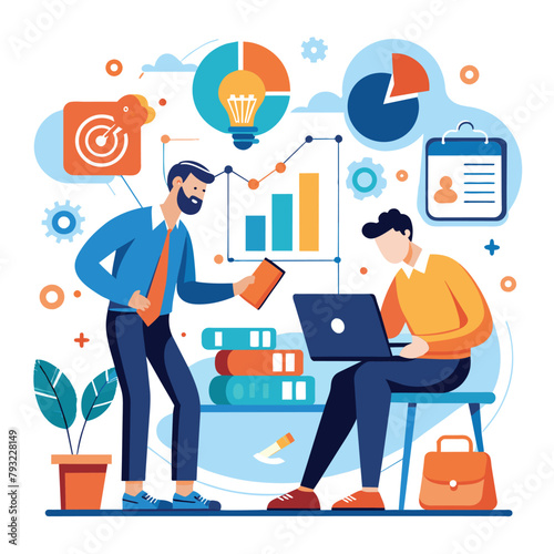 Two individuals sit at a table, focusing on their laptop screen as they work and analyze data together, Men do the work and analyze the data themselves, Simple and minimalist flat Vector Illustration