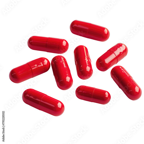 A close up shot of vibrant red pills against a crisp transparent background isolated on transparent background