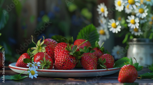 Pretty strawberries and some other things arranged in a nice way.