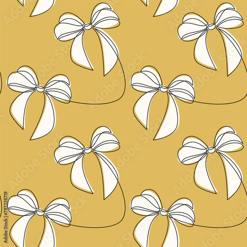 Hand drawn seamless vector pattern. Ribbon bow outline backdrop. Line continuous drawing. Festive hand drawn illustration, holiday background. Wallpaper, fabric, wrapping paper, packaging print