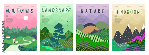 Nature and landscape. Vector illustration of mountains, trees, plants, fields and animals. For prints, cover or card designs, art decoration.