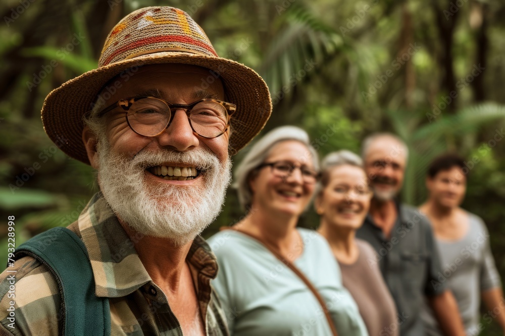 Portrait of senior couple with their family in the garden. Selective focus.