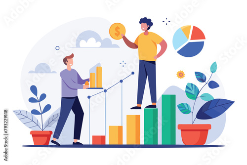 Two men standing on a bar chart, analyzing growth data, men prepare growth data analysis, Simple and minimalist flat Vector Illustration