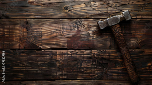 Wooden background with hammer. Old-fashioned photo