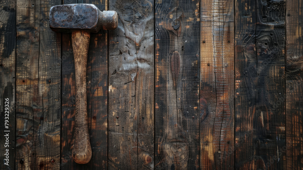 Wooden background with hammer. Old-fashioned photo - obrazy, fototapety, plakaty 