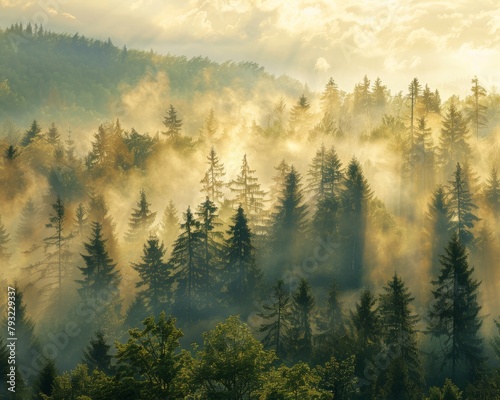 Sunny day panorama of lush coniferous forest with misty tree tops and high-quality scenic view