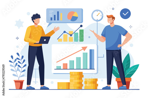 Two individuals standing in front of a board displaying various graphs and data analysis charts, men present growth data analysis, Simple and minimalist flat Vector Illustration