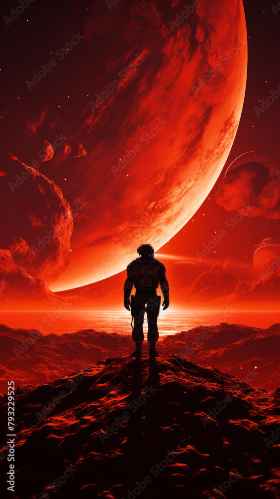 Astronaut stands before a big red planet at sunset on an alien world. Futuristic fantasy concept