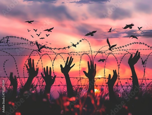 A poignant representation of Human Rights Day: silhouettes of refugee hands raised, accompanied by birds in flight against a backdrop of autumn sunset, juxtaposed with barbed wire. photo