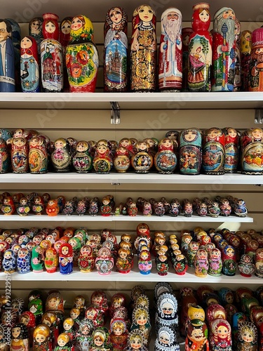 Colorful wooden dolls in the store