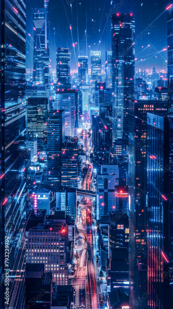A cityscape with a lot of lights and buildings