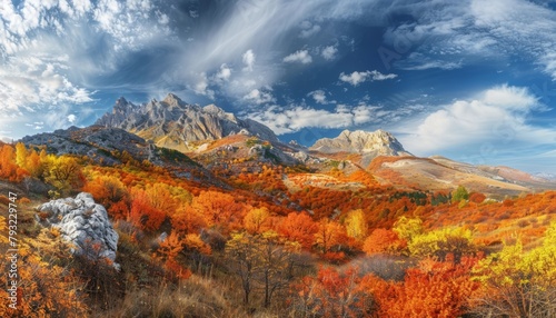 High-quality sunny day panorama of autumn mountain landscape with golden sunlight