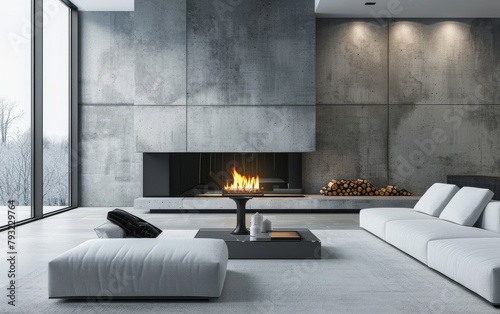 Elegant minimalist living room with a cozy fireplace and snowy exterior view