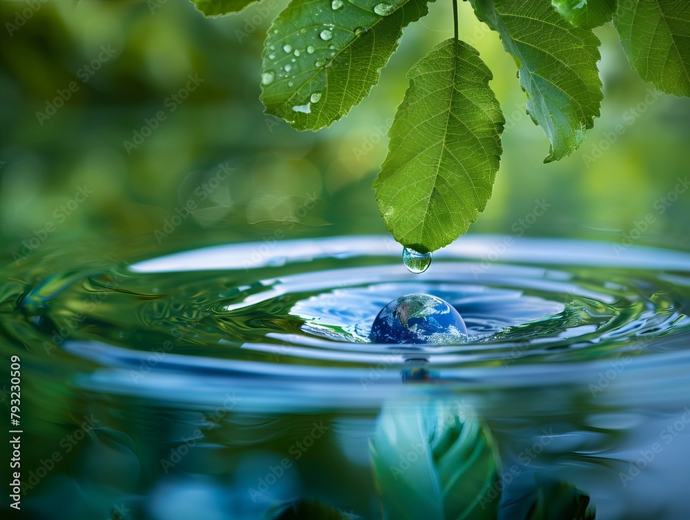 Reflecting the Earth within a water droplet beneath a verdant leaf, symbolizing the interconnectedness of water and the environment Reflecting the Earth within a water droplet beneath a verdant leaf, symbolizing the interconnectedness of water and the environment