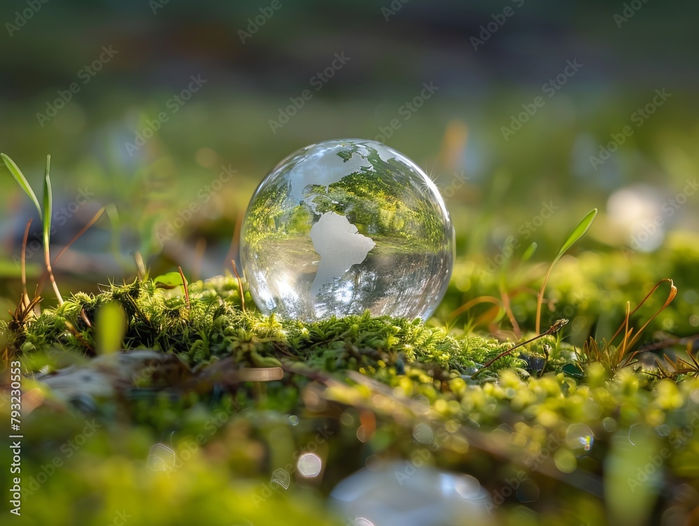 A crystal globe placed upon moss, serving as an ESG icon representing Environment A crystal globe placed upon moss, serving as an ESG icon representing Environment