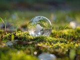 A crystal globe placed upon moss, serving as an ESG icon representing Environment