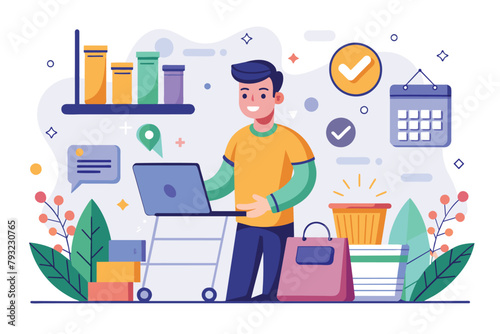 A man stands in front of a laptop computer, focused on the screen, Millennial purchasing preferences online shopping, Simple and minimalist flat Vector Illustration