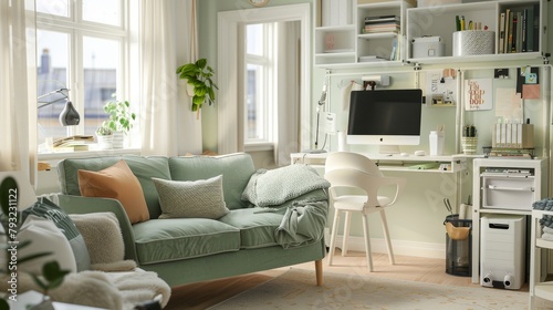 Bright and cozy small home office integrated with living space featuring a green sofa and white furniture