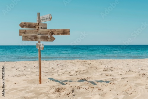 Wooden signpost on sunny beach