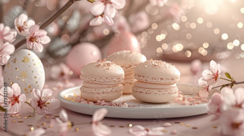  A table holds three macaroons near a tree adorned with pink blossoms; eggs in the backdrop