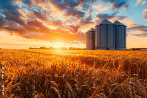 Sunset over wheat field with silos