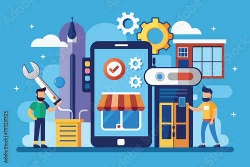 Two men standing next to a phone secured with a lock, possibly indicating restricted access or security measures, mobile device repair trending, Simple and minimalist flat Vector Illustration
