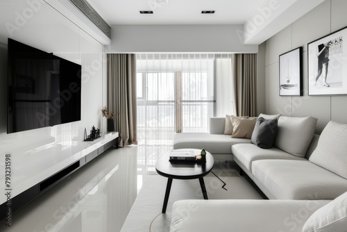 Modern minimalist living room with sleek furniture and large windows © Georgii